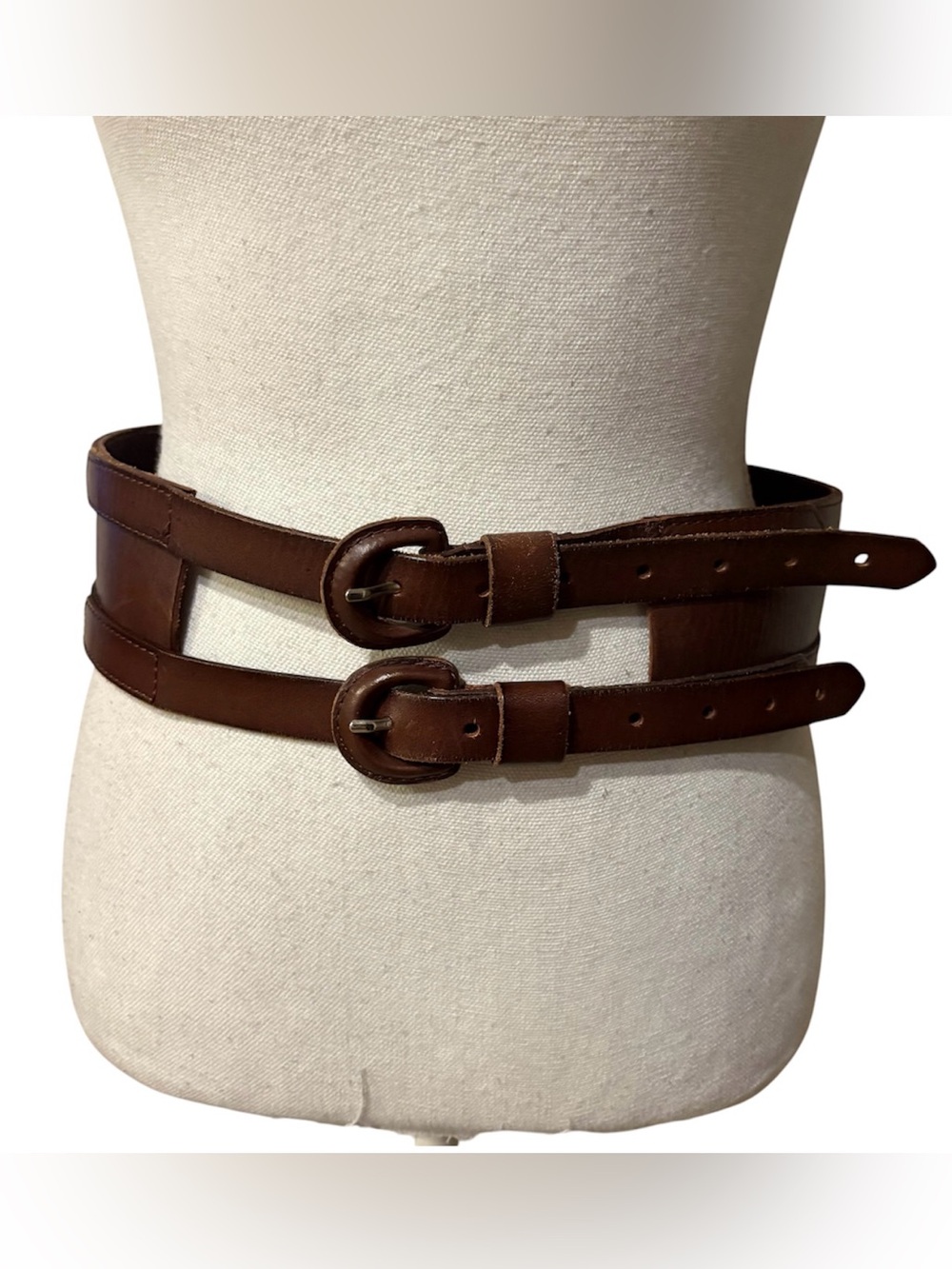 Vtg Max Studio Wide Double Buckle Corset Belt Brown Leather One Size